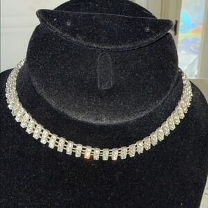 vintage rhinestone collar, multi-row Elegant brickwork Silver toned Necklace